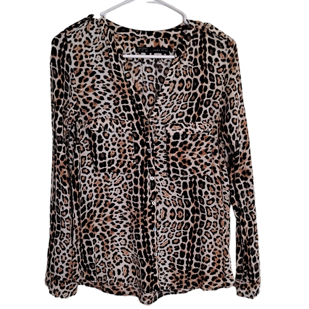 Zara Basic animal print long sleeve button up blouse